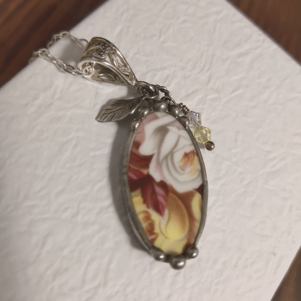 Handmade Silver and Ceramic Rose Necklace - Picture 2 of 5